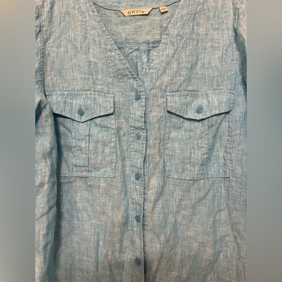 Orvis Teal Blue Linen Cuffed Sleeve Button Down Shirt, Size Medium - Picture 4 of 10
